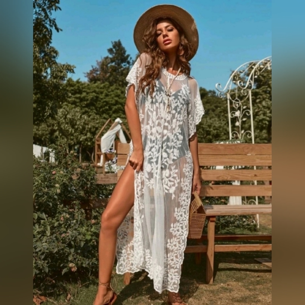Embroidered floral mesh coverup with split sides